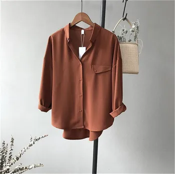 

Women's Casual Loose Brown Blouses 2020 Spring Solid Color Long Sleeve Shirts Blouse Shirt Chiffon Blouse Shirt High quality