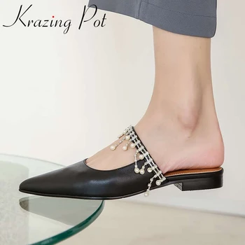 

Krazing pot full grain leather pointed toe women mules low heels rhinestone pearl decoration gentlewomen daily summer pumps L19