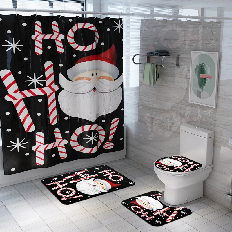 HO HO HO Santa Christmas Shower Curtains 4Pcs Sets Toilet Seat Cover Flannel Mat Home Decor