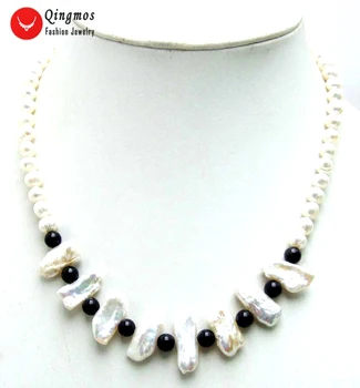 

Qingmos Natural 20mm Biwa White Pearl Pendant Necklace for Women with 6mm Round White Pearl & Black Agate Necklace 17'' Chokers