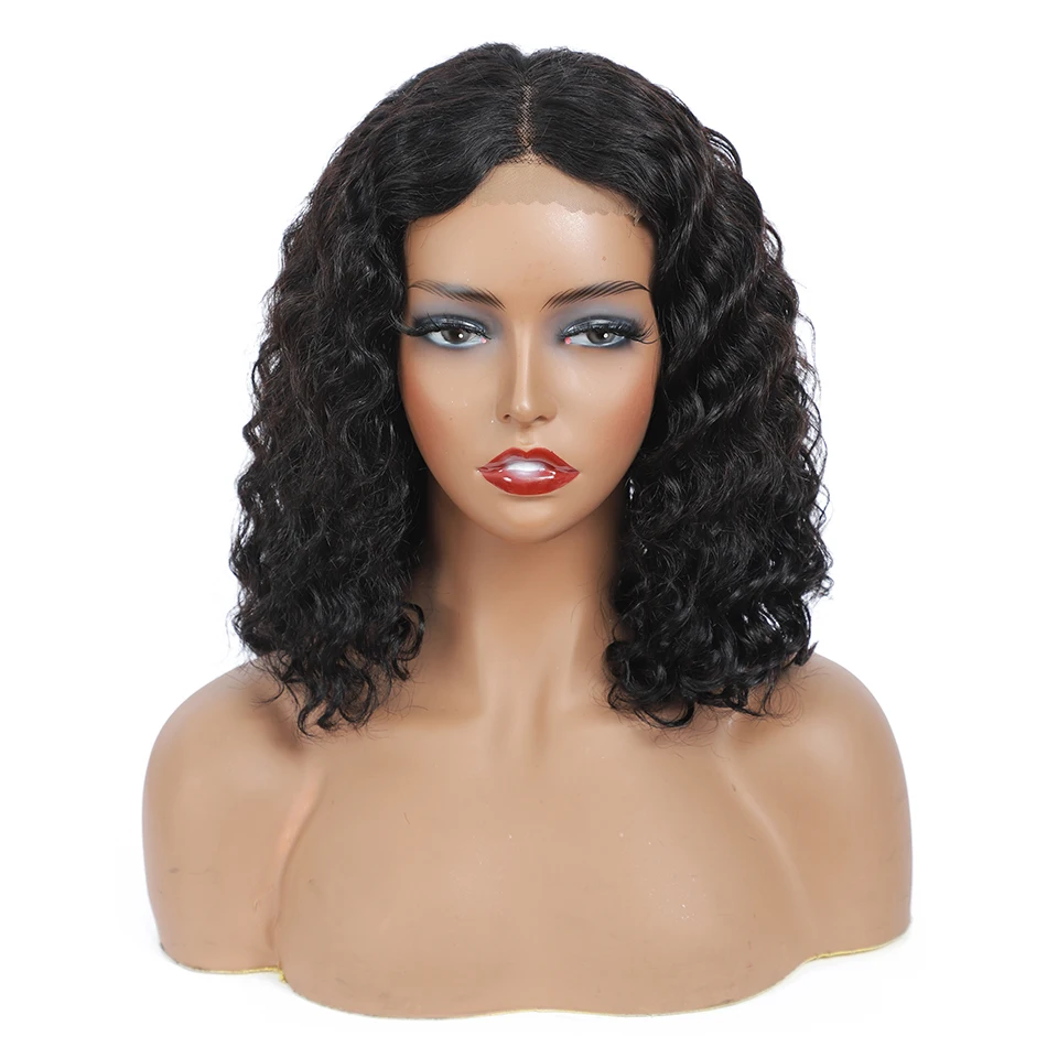 Deep curly Short Bob 4×4 Lace Front Wigs PrePlucked Kinky Deep Water Wave Frontal Virgin Wig