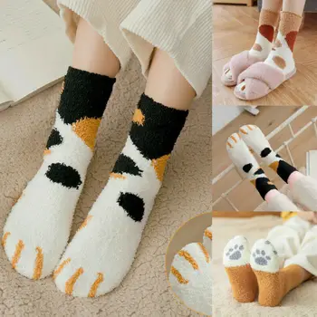 

2019 Fashion Trend 2 Pair Women Winter Cat Claws Thick Warm Sleep Floor Socks Japanese Style Coral Thermal New Cute Leisure Sock
