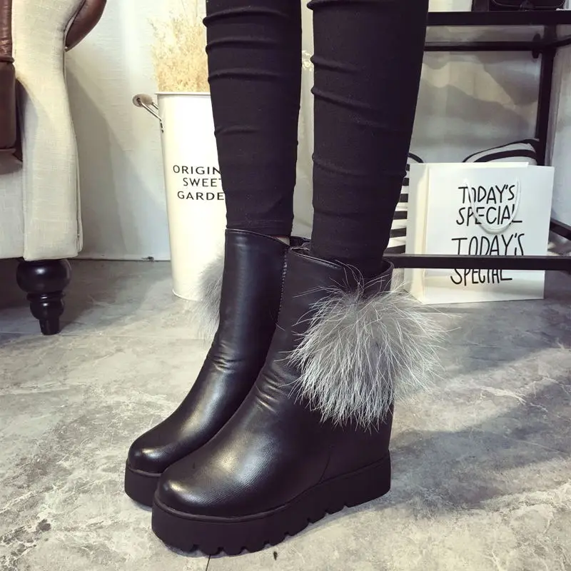 

2018 Autumn And Winter New Style Thick Bottomed High-Heel Platform Heel Elevator Furry Ball Belt Buckle plus Cotton Warm Short B