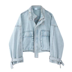 Short Denim Shirt With Tooling Pockets Women Spring Autumn Outerwear Hong Kong Style Loose Cardigan Zipper Coat All-match Casual