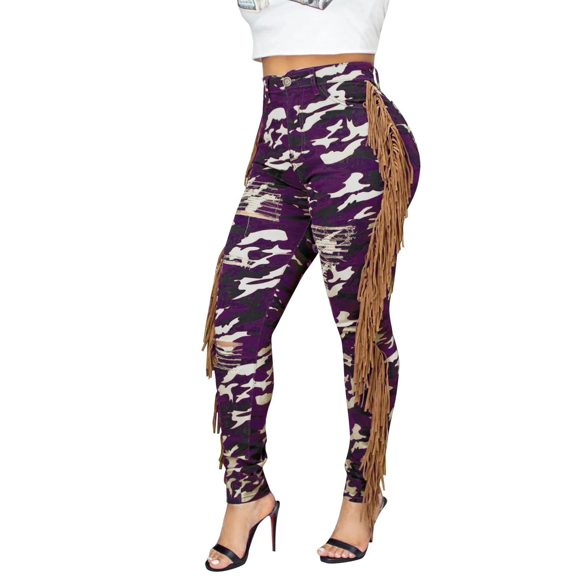 purple jeans Винтажные камуфляжные джинсовые штаны с дырками, сексуальные, с кисточками, высокая талия, с карманами, узкие брюки, повседневные, в обтяжку для ночного клуба Джинса для вечеринки, для женщин - Цвет: purple jeans