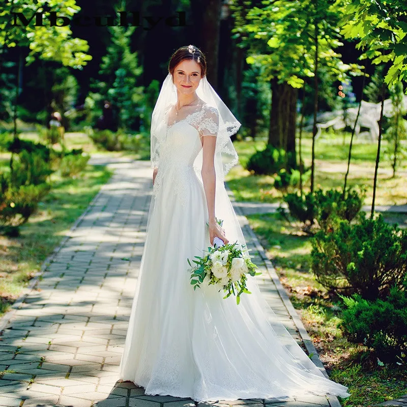 Mbcullyd Illusion Bohemen Trouwjurken Lange 2020 V Hals Zachte Tulle Boho Bridal Kerk Jassen Korte Mouwen Vestido De Noiva