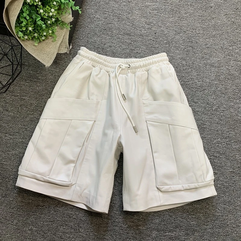 Pantalones bombachos cortos de piel de para mujer, informal, de cintura alta, pierna ancha, cintura elástica, de cuero genuino, ropa de calle|Pantalones cortos| - AliExpress