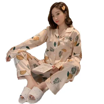

Spring and autumn SILK PAJAMA women's ice silk long sleeve fat plus plus size cardigan thin home clothes set
