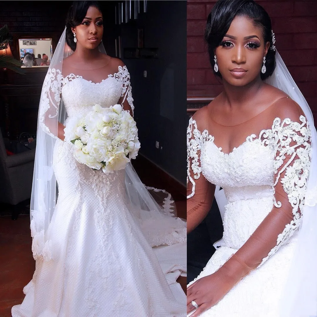 

Luxury African Nigeria Mermaid Wedding Dresses 2024 Sheer Sleeves O Neck Lace Big Size Bridal Gown Robe De Mariee