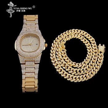 

Iced Out 13-15mm Cuban Chain Necklace+Watch Jewelry Hip Hop Choker Gold Silver Color Rhinestone Clasp Necklaces Link For Men