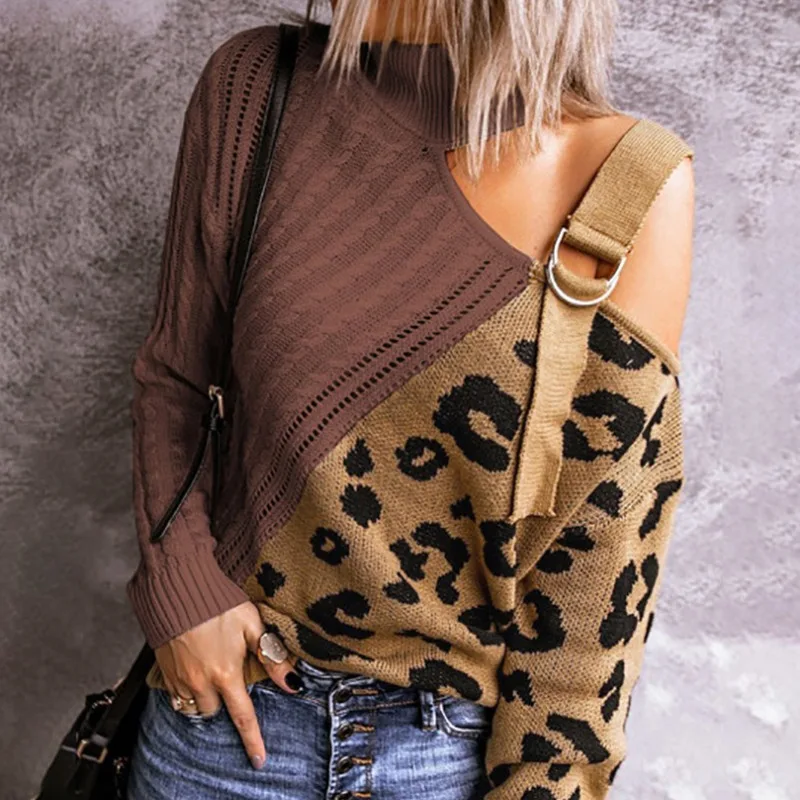 Women's turtleneck Sexy Leopard striped sweater Off Shoulder Knitted Stylish Korean fashion Lady Jumpers 2022 women new 5