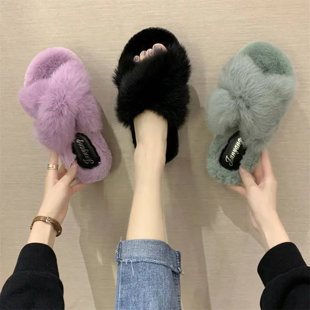 Real Rabbit Fur Slides Cross Band Flat Sandals Indoor Flip Flops Plush Furry