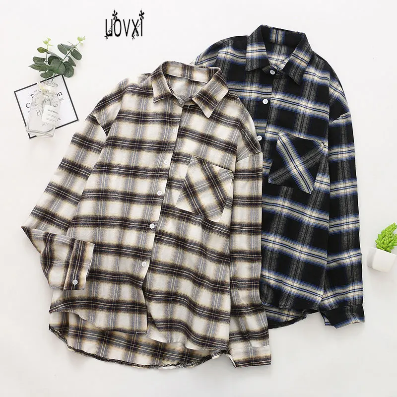 

Korean version of the autumn new long-sleeved casual boyfriend style shirt jacket plaid shirt Harajuku loose blush women