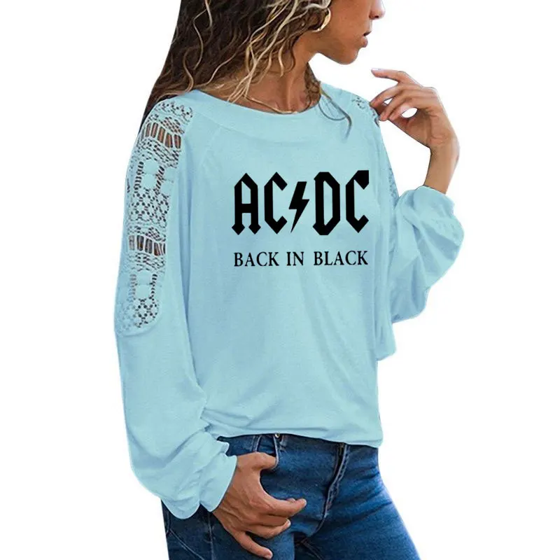 Группа ACDC рок футболка женская ACDC Письмо Печатные Графические футболки хип хоп Рэп музыка с длинным рукавом большой размер свободные кружева топы тройник