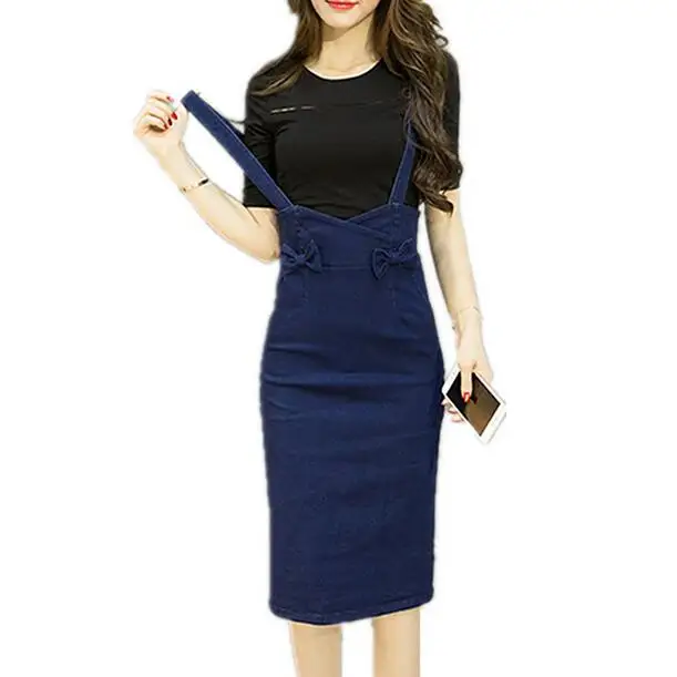 

Strap Cross Denim Skirts For Women 2019 Spring Summer Package Hip Medium Long Female Bow Slim Office Pencil Skirt WF187