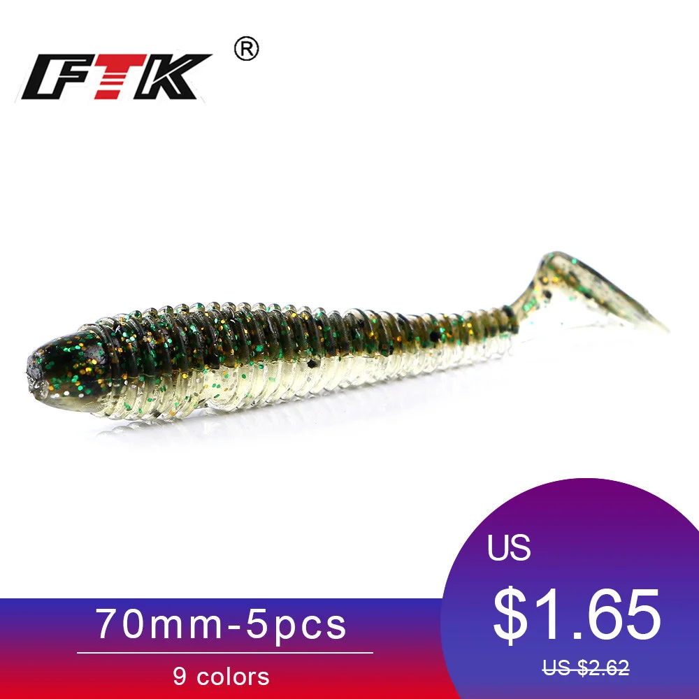 

FTK Fishing Lure 5pcs 7cm 3D Shake Fish Soft Bait Wobbler Accessories Swim Baits Silicone Bass Jigging Lure Artificial T-tail