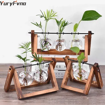 

YuryFvna Desktop Glass Planter Bulb Vase with Retro Solid Wooden Stand Metal Swivel Holder for Hydroponics Plants Home Garden