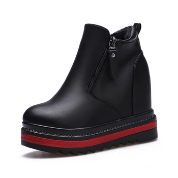 

OLOMLB US4-10 Womens Round Toe Platform Ankle Boots Match Colors Wedge Super High Heel Zipper Shoes Punk Motorcycle Black F77