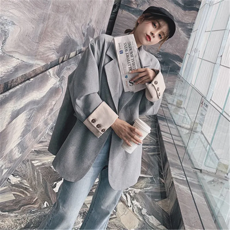 

Korean Fashion Big pocket Casual Blazer Women Autumn Plus Size Elegant Office Gray Suit Outwear Female 2020 Spring New clothing