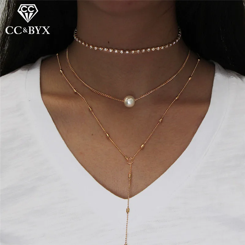 

CC Stainless Steel Long Necklaces Luxury Three Layer Pendants For Women Pearl Crystal Charm Jewelry Elegant Gifts Wholesale YH15