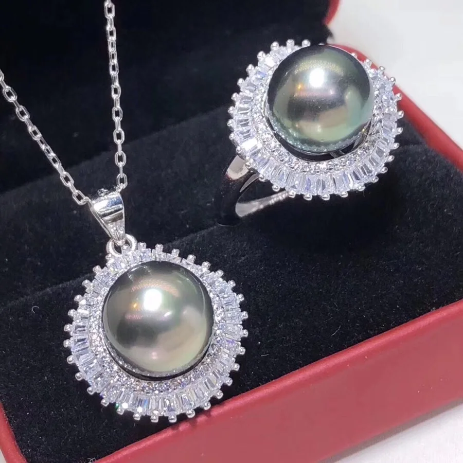 Fine Jewelry Pure 925 Sterling Silver Natural Ocean Tahiti Black Pearl 9-10mm Female's Sets for Women FIne | Украшения и