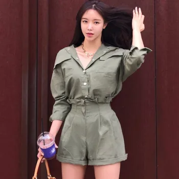 

DEAT 2020 turn-down collar three quarter sleeves single breasted spliced shirt and shorts high waist summer hot two pieces set