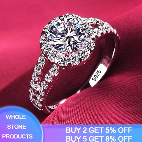 Luxury 18K White Gold Color Rings For Women Round Cut Zirconia Diamond Tibetan Silver 925 Ring Engagement Wedding Bands