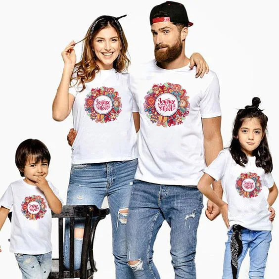 

1pc Joyeux Noel and Bonne Annee Christmas Family Look White Tshirt Boy Girls and Parents Family Look Matching T-shirts Babe Cute
