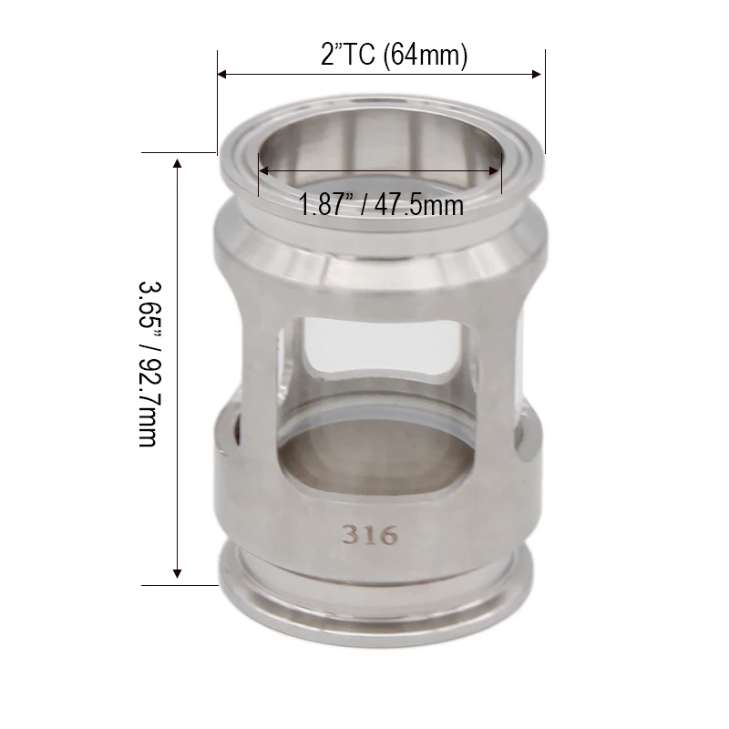 2"TC (64mm ) Sight Glass 1.87"ID 3.65"OAL Stainless Steel 304/316 Sanitary Sight Glass Tri Clover Type Homebrew Hardware