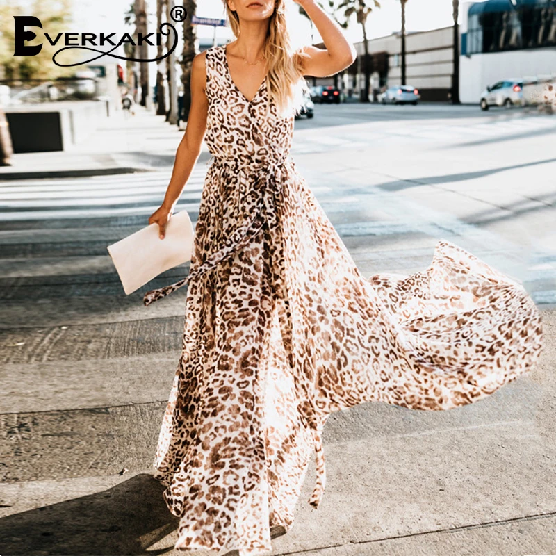 

Everkaki Boho Leopard Print Chiffon Long Dress Women Sleeveless High Split Plus Size Party Summer Maxi Dress Female 2019 Autumn
