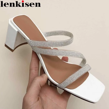 

Lenkisen european style high street fashion bling mules big square toe high square heels slip on young lady sandals women L47