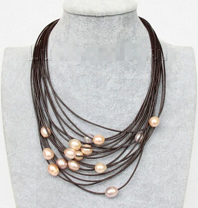 +++812 17&quot-24&quot 15row pink purple pearls wine red leather necklace | Украшения и аксессуары