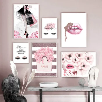 

Pink Flower Fashion Girl Lips Eyelash Wall Art Canvas Painting Nordic Posters And Prints Wall Pictures For Living Room Decor
