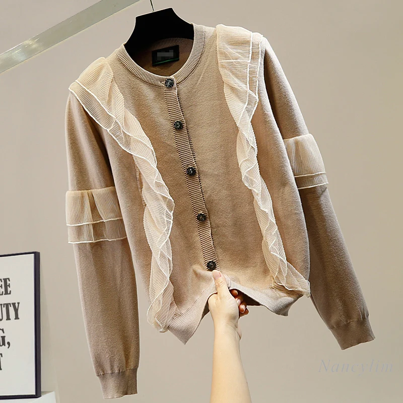 

Fashion Folds Sweet Mesh Lotus Leaf Splicing Single-Breasted Knit Sweater Cardigan Women's Clothes Female Students Tops