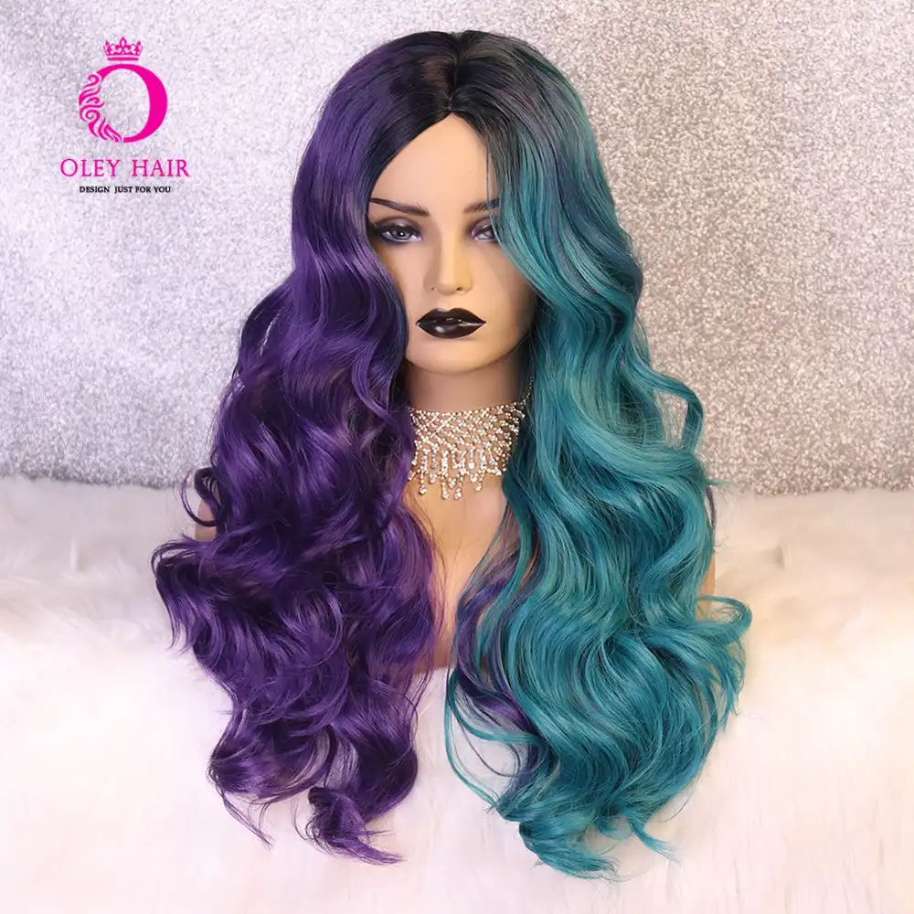 Half Green Purple Wig Non Lace Wig High Density Synthetic Middle Part Loose Wave With Bangs Cosplay Wigs For Black Women Oley Synthetic None Lace Wigs Aliexpress