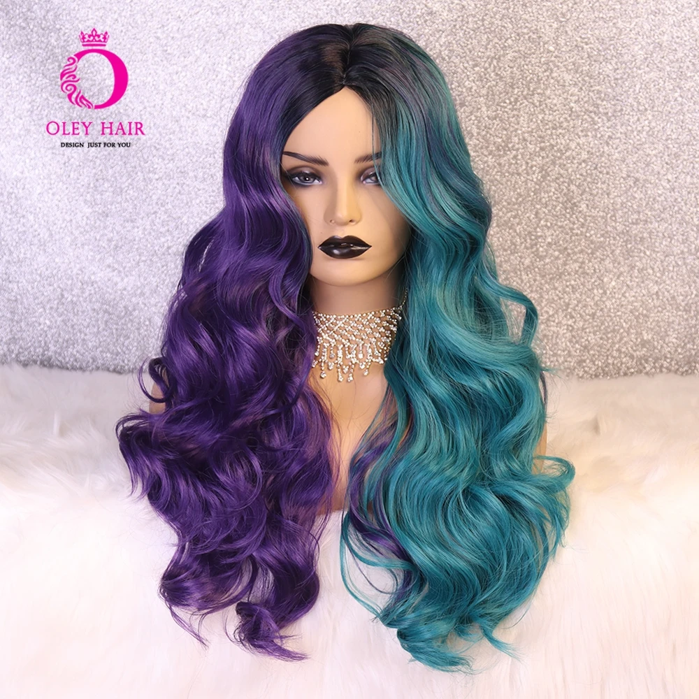 Half Green Purple Wig Synthetic Wig High Density Middle Part Loose Wave With Bangs Cosplay Wigs For Black Women Oley Aliexpress Hair Extensions Wigs