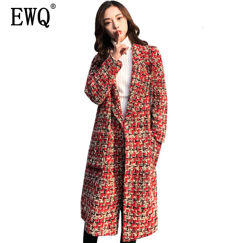 

[EWQ] 2019 Autumn Winter High Qualiyt V-collar Long Sleeve Plaid Patchwork High Street Thick Tweed Coat Fashion Tide AH40803XL