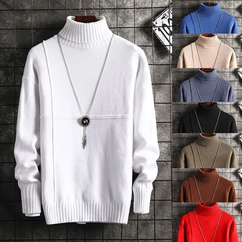 

New fashion men's knitted lapel long sleeve high collar solid color regular sweater men winter