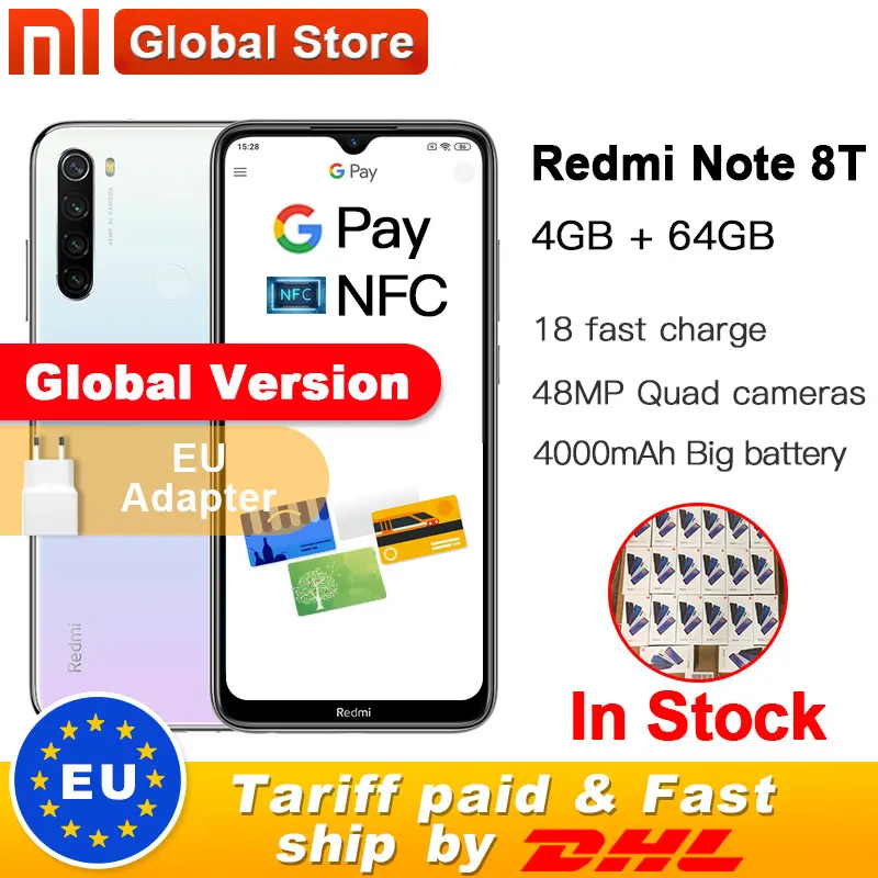 Xiaomi Redmi Note 8 T, глобальная версия, 4 Гб ОЗУ, 64 Гб ПЗУ, NFC, мобильный телефон, 48мп, камера заднего вида Snapdragon 665, четыре ядра