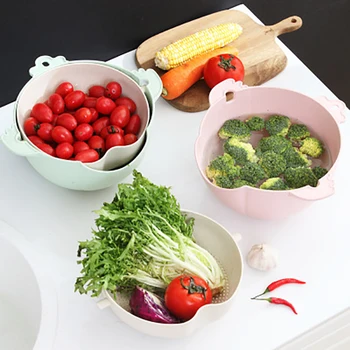

Creative Double Wash Melon Fruit Vegetable Basket 2020 New Kitchen Tool 360 Rotating Wheat Straw Drainer Washing Sieve