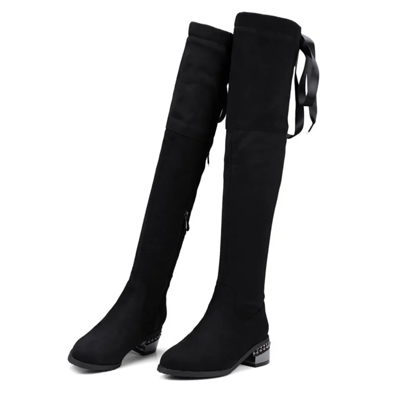 Осенне-зимние сапоги выше колена с высоким голенищем Модные женские зимние сапоги выше колена на молнии с острым Металлическим Носком - Цвет: black