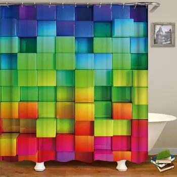 

Geometric Decoration Waterproof Polyester Shower Curtain,Colorful Cubes Make up Artistic Walls,Fabric Bathroom Set with
