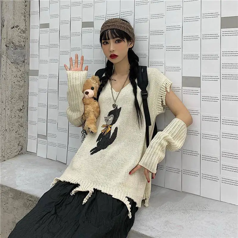 Broken Cool Pullover Sleeveless Sweater 2020 Woman Split V Neck Loose Punk Knit Top Cartoon Cat Autumn Jumper + Knit Arm Warmer Broken Cool Pullover Sleeveless Sweater 2020 Woman Split V Neck Loose Punk Knit Top Cartoon Cat Autumn Jumper + Knit Arm Warmer