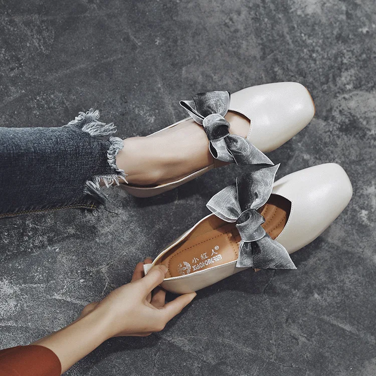

Bow Single Shoes Women's 2018 New Style Spring And Autumn Slip-on Korean-style Grandma Shoes Chunky-Heel Low-Cut Square Head Sho