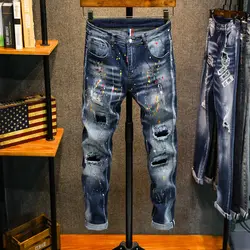 Весенние и осенние и зимние Новые облегающие мужские джинсы тонкие эластичные джинсы мужские дырявые цветные мужские брюки уличные