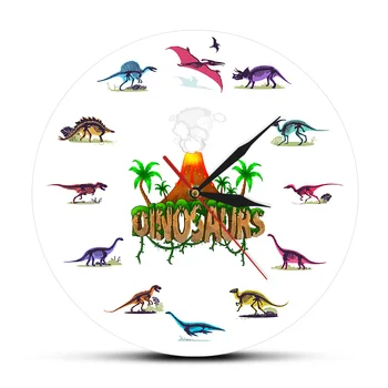 

Colorful Dino Skull Printed Acrylic Wall Clock Cartoon Volcanic Eruption Dinosaurs Fossils Nursery Decor Wall Watch Kids Gift