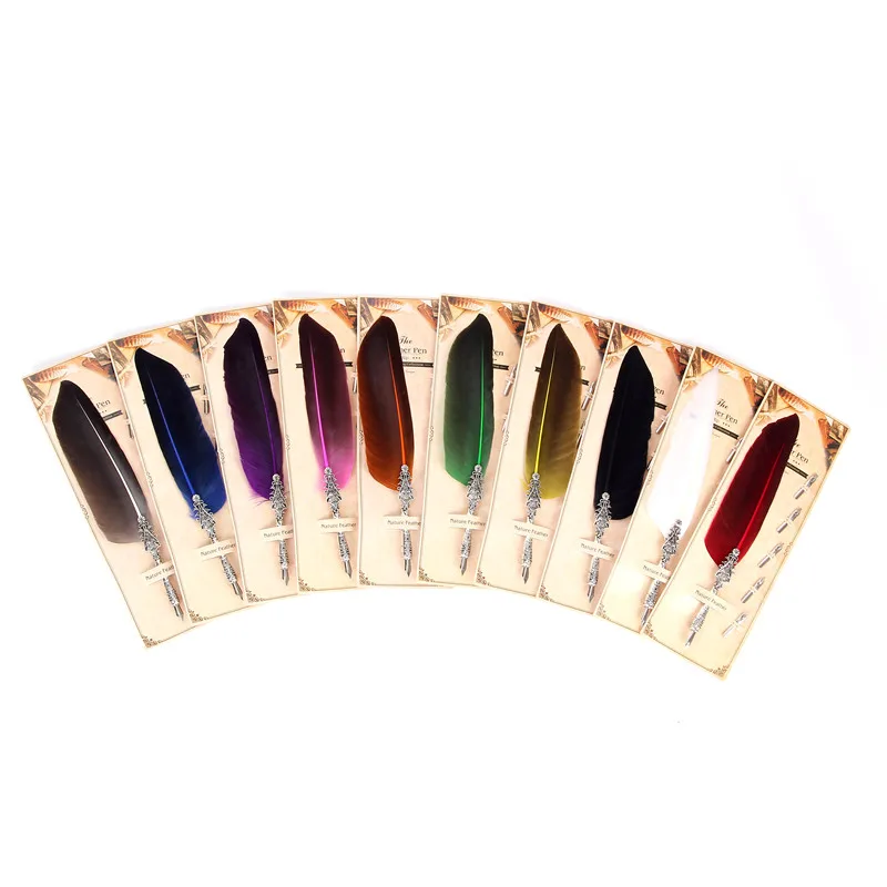 

Creative Retro Turkey feather Pen Round Pen Set European And American Multicolor Stationery Feather Pen Authentic Quality