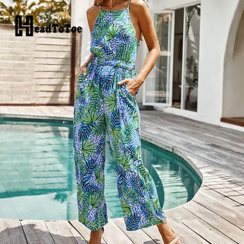 

Sexy Spaghetti Strap Backless Floral Print Ropmers Women Jumpsuits Pockets Design Wide Leg Casual Summer One Piece Overalls
