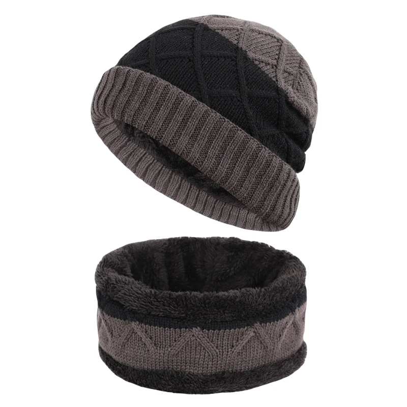 2Pcs/set Unisex Slouchy Hat Scarf Set Practical Winter Plush Velvet Lined Knit Thermal Hat Neck Warmer Ski Cycling Sports Cap Zi
