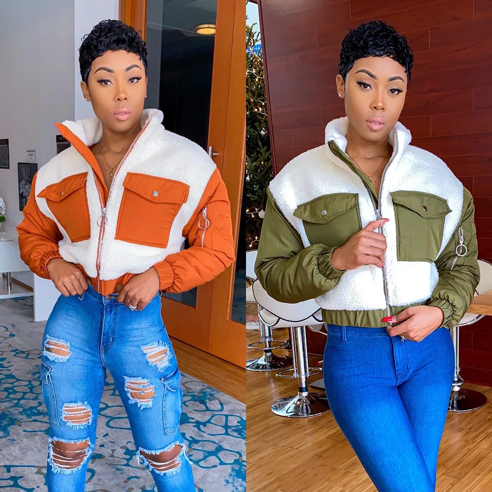 

2020 Fall Winter New Casual Womens Thick Jacket With Pockets Wool Fleece Fabric Long Sleeves Short Coat Warm And Stretchy Tops